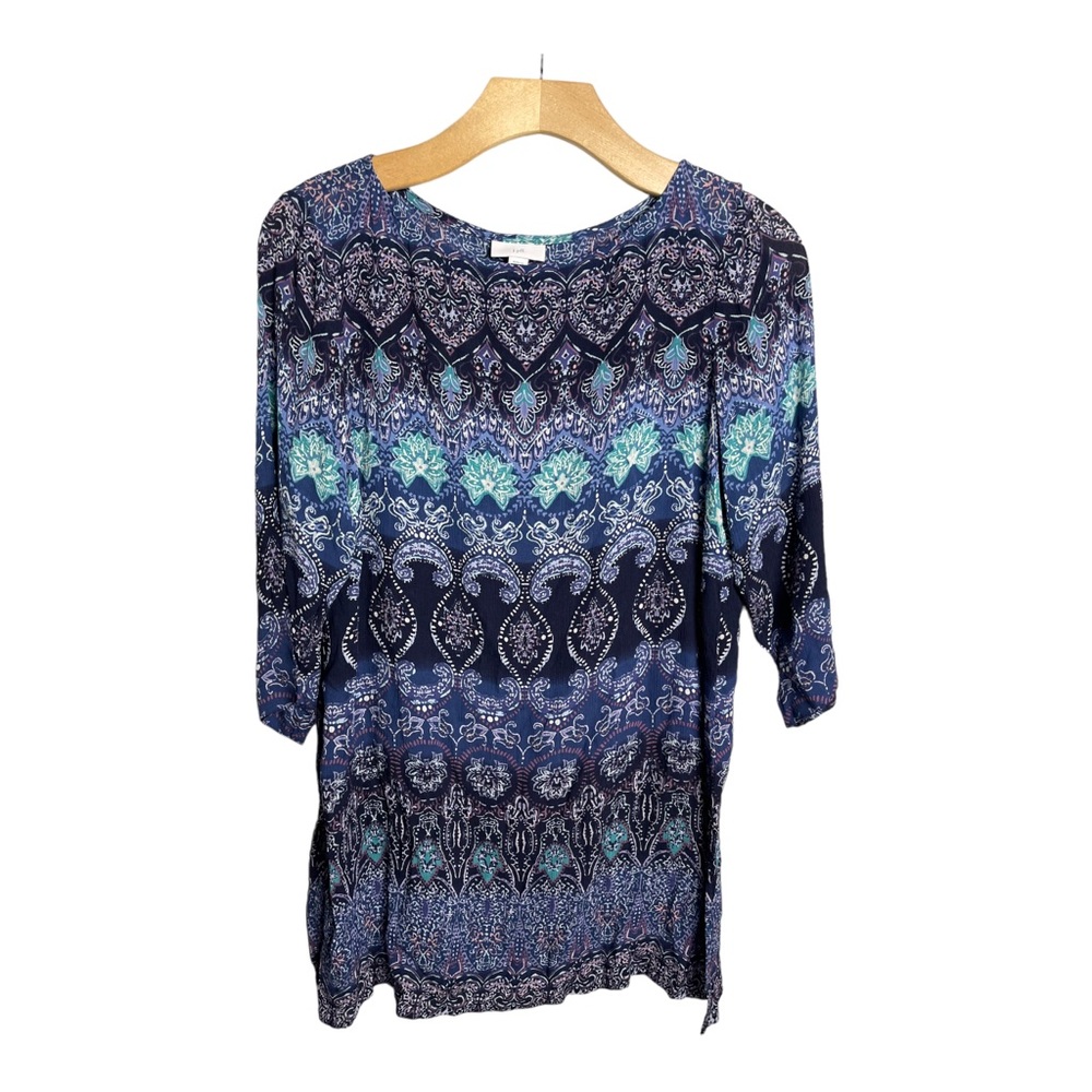 J Jill Tunic Top Women's Medium Navy Blue Green Paisley Floral Crinkle Rayon XSP